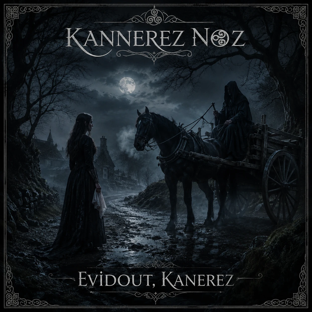 Pochette de Evidout, Kanerez : Une femme tenant un linge blanc fait face à une charrette et à son conducteur encapuchonné.