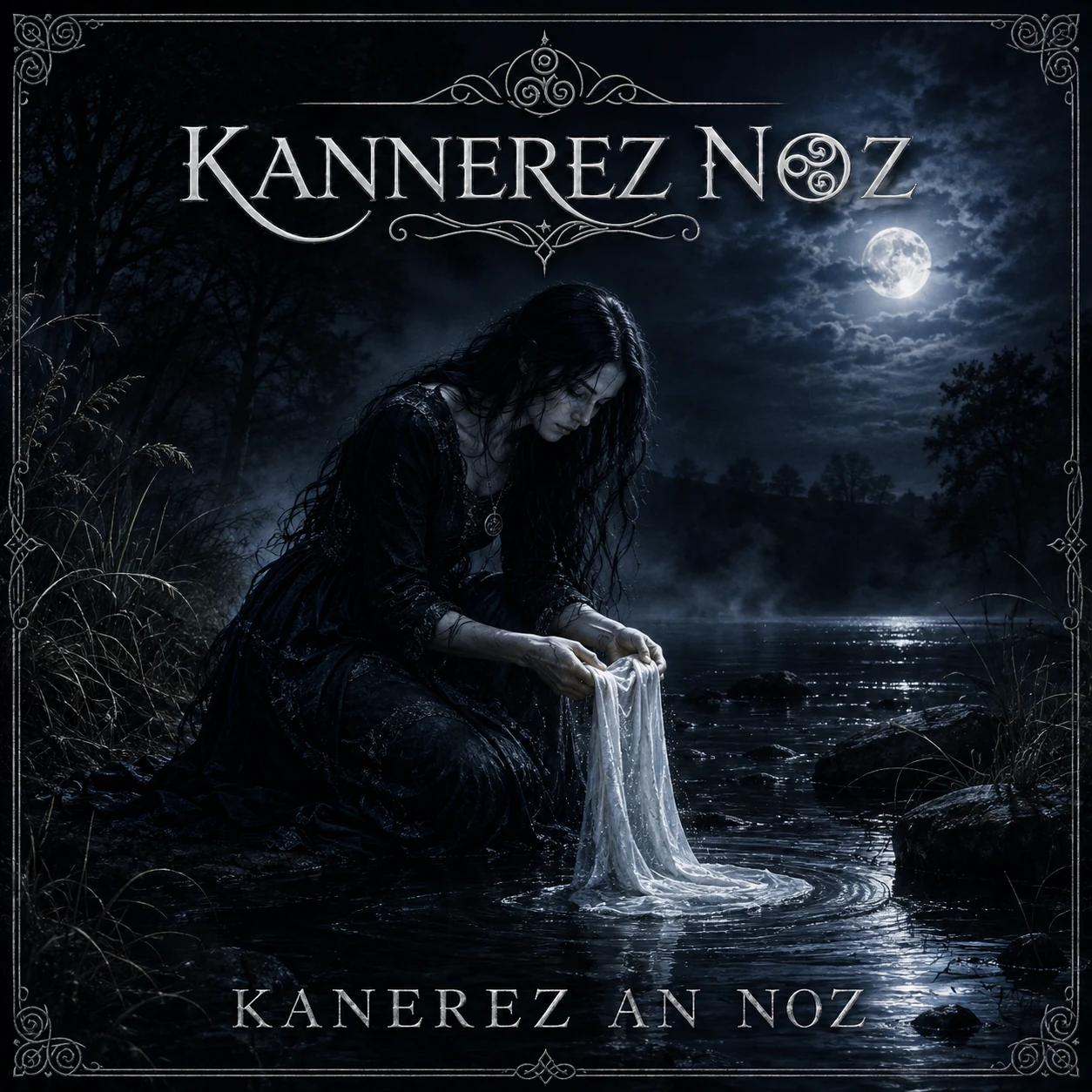 Pochette de Kanerez an Noz : Une femme vêtue de noir lave un linge blanc dans une rivière sous la lune.