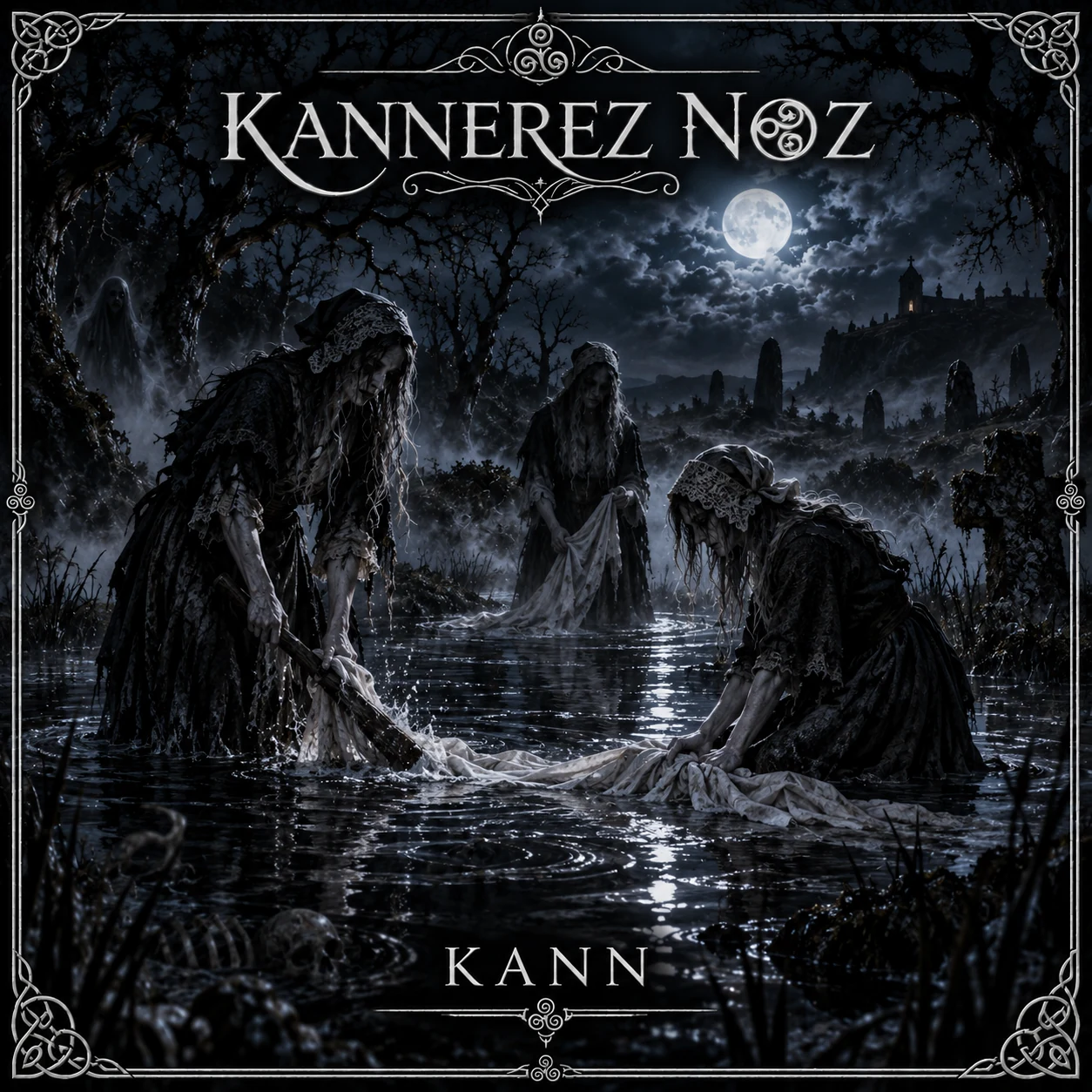 Pochette de Kann : Trois lavandières lavent des linges dans l’eau sombre, sous la lune.