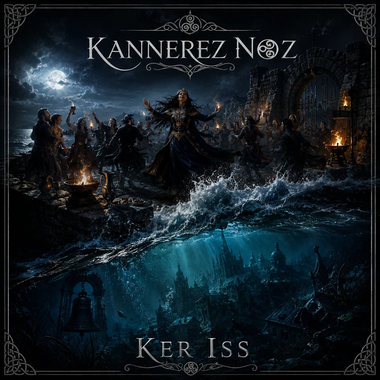 Pochette de Ker Iss : Une fête sur les remparts surplombe une cité engloutie, ses tours et sa cloche sous l’eau.