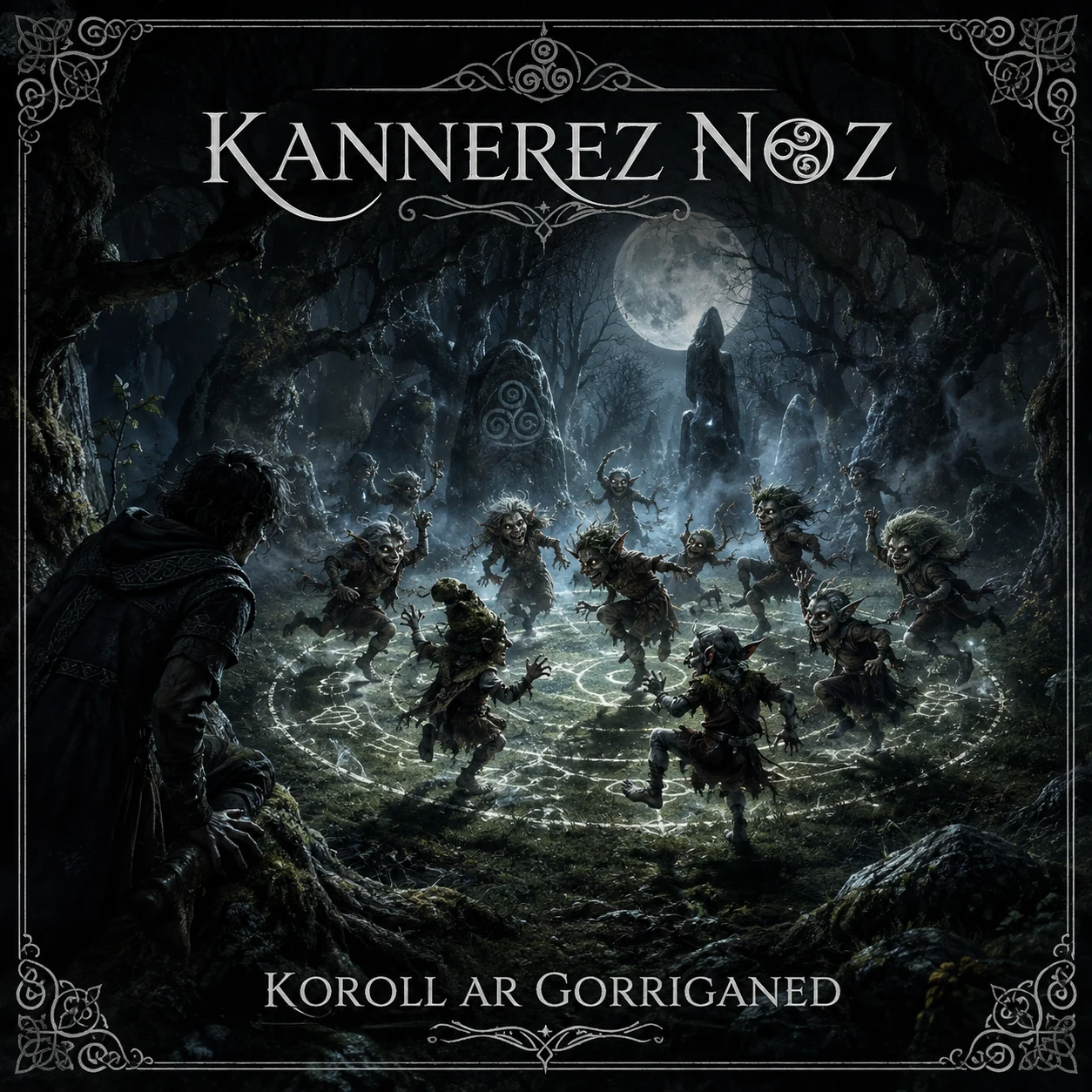 Pochette de Koroll ar Gorriganed : Des korrigans dansent en cercle dans une clairière, sous le regard d’un voyageur.