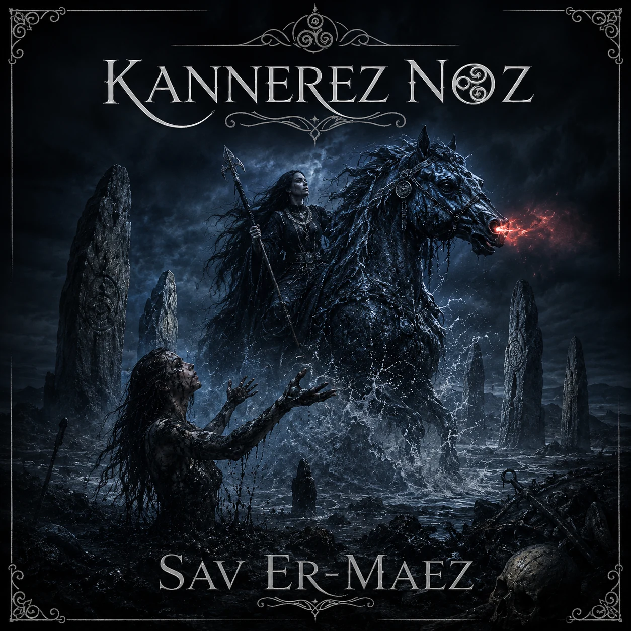 Pochette de Sav Er-Maez : la Kanerez chevauche Morvarc’h au milieu des flots et des menhirs, tandis que Gwenc’hlan se relève de la boue.