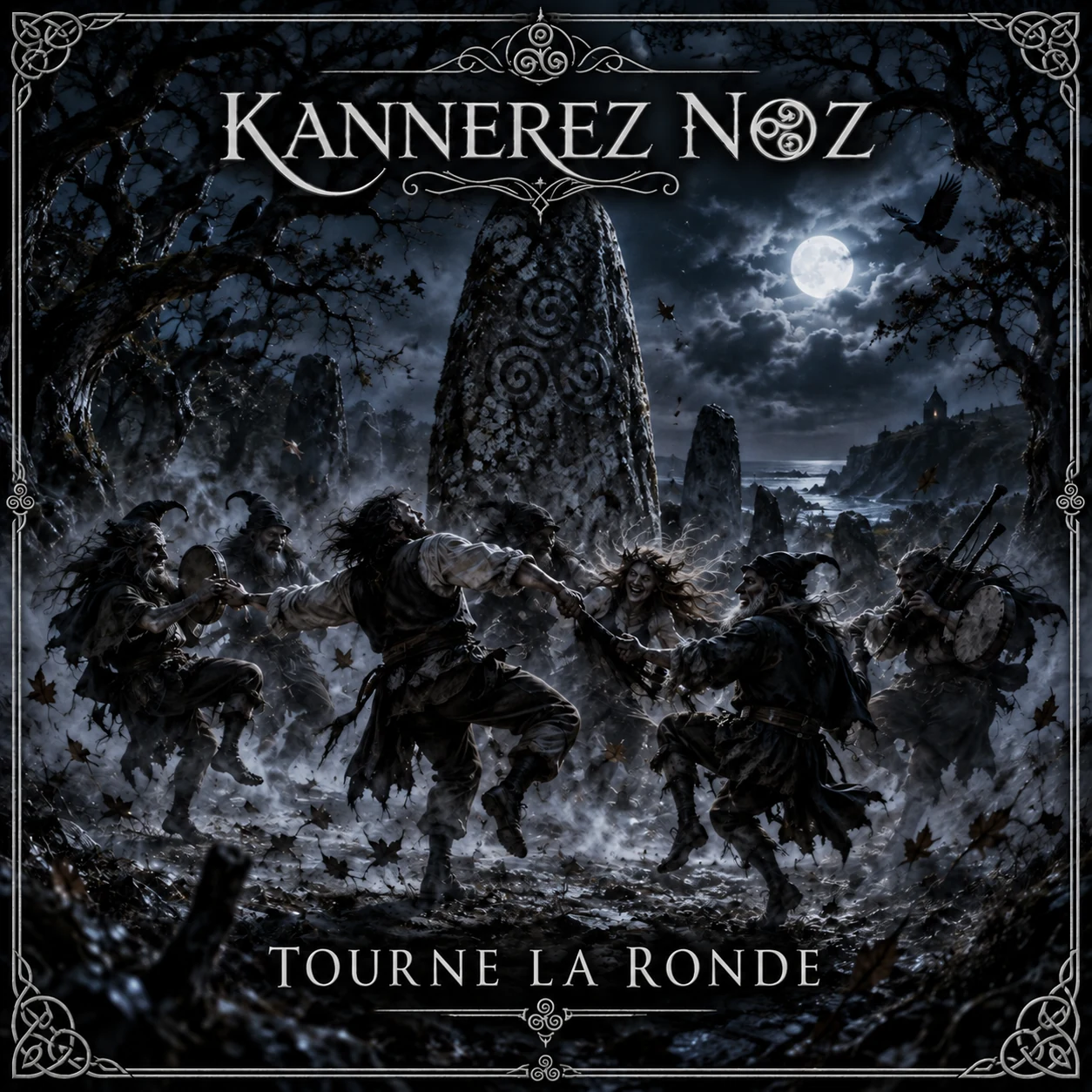Pochette de Tourne la ronde : Des voyageurs et des korrigans dansent autour d’un menhir, accompagnés de musiciens.